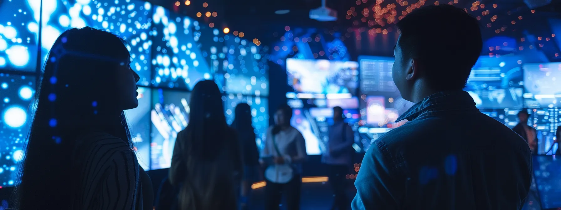 a dynamic digital marketing scene captures a vibrant group of millennials engaging with interactive screens, showcasing metrics and audience insights amidst a contemporary high-tech environment, illuminated by bright, energising lights.