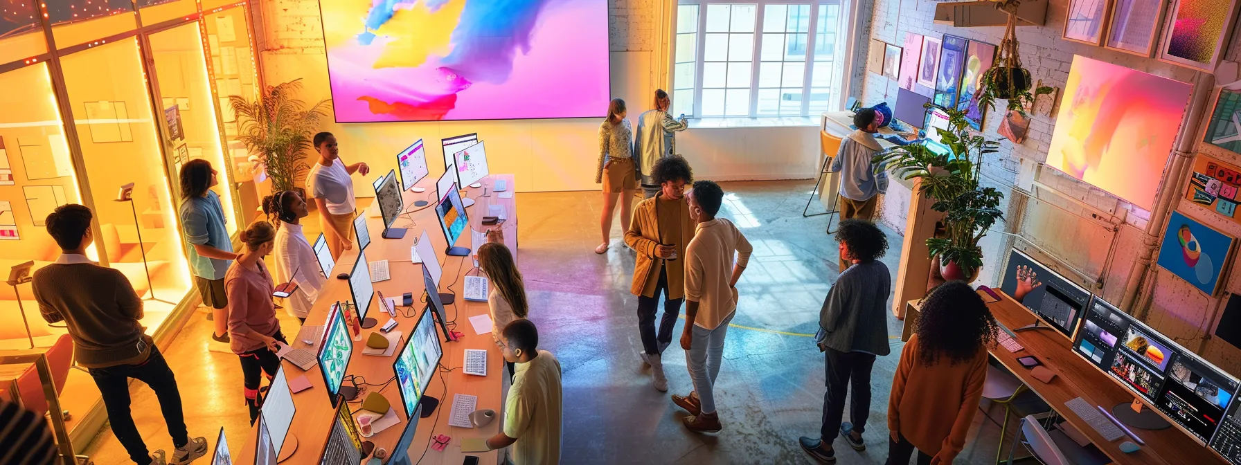 a vibrant and dynamic digital workspace filled with diverse young creatives brainstorming and collaborating over a visually striking content calendar, surrounded by engaging visuals and modern technology, embodying the essence of innovative gen z marketing strategies.