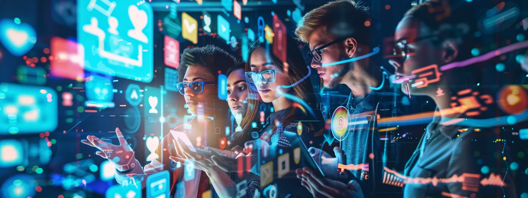a vibrant digital collage showcasing a diverse group of young professionals collaborating in a lively workspace, surrounded by social media icons and analytics screens, symbolising innovative social media management strategies for gen z brands.