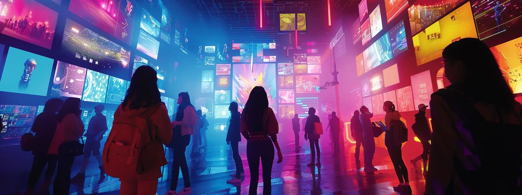 a vibrant digital landscape showcases a diverse group of gen z individuals passionately engaging with innovative marketing content on various screens, illuminated by a kaleidoscope of neon colours that embody the essence of going viral in 2025.