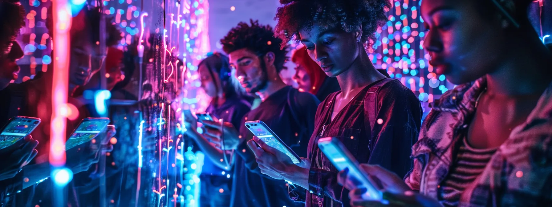 a vibrant digital landscape showcasing diverse young individuals engaging with customised social media content on various devices, illuminated by dynamic neon lighting that reflects the essence of gen z marketing strategies.