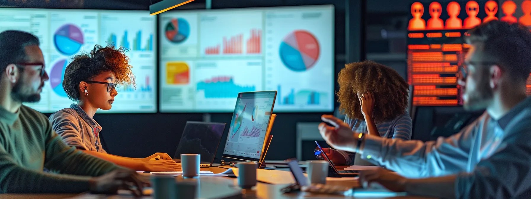 a vibrant digital marketing strategy session unfolds in a modern office, where a diverse group of young professionals collaboratively analyse data on sleek screens, surrounded by inspiring visuals of social media metrics and trend forecasts under dynamic, ambient lighting.