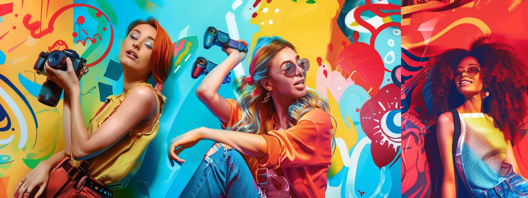 a vibrant, dynamic collage of gen z influencers capturing engaging moments on tiktok, set against a colourful backdrop of trending cultural symbols, showcasing the power of collaboration in digital marketing.