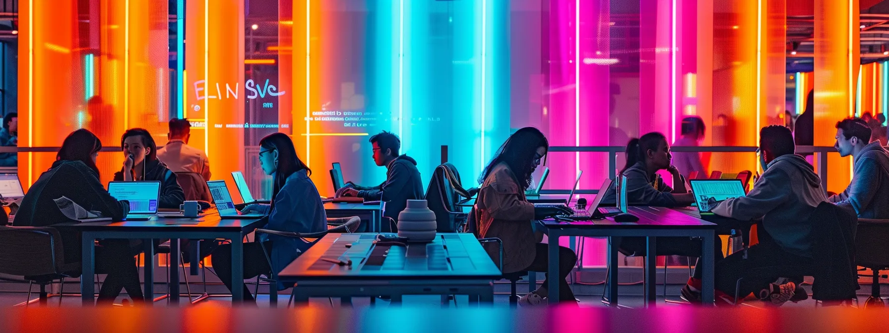 a vibrant, dynamic workspace filled with young professionals collaborating around sleek laptops, illuminated by colourful neon lights, embodying the essence of innovative gen z social media marketing.