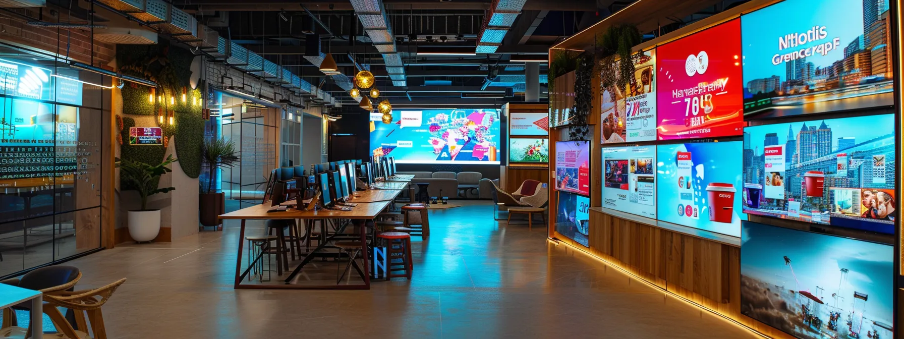 a vibrant, modern workspace filled with dynamic digital screens displaying eye-catching advertisements, illustrating the essence of targeted gen z marketing strategies.