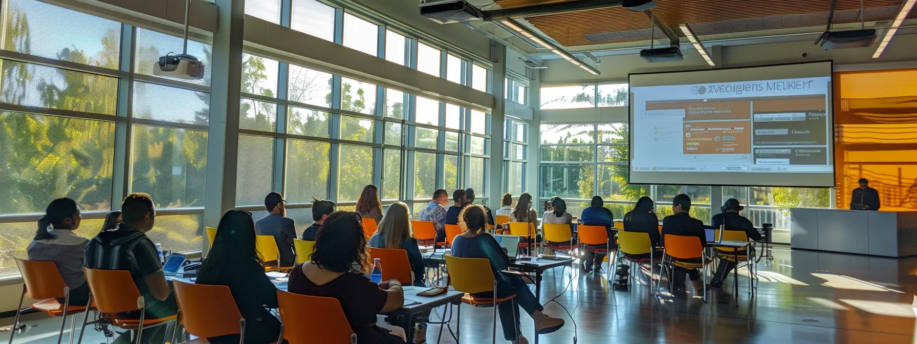 a vibrant workshop setting filled with dynamic young professionals engaged in animated discussions about social media strategies, illuminated by natural light filtering through large windows, showcasing a diverse array of digital marketing services tools and resources on display.