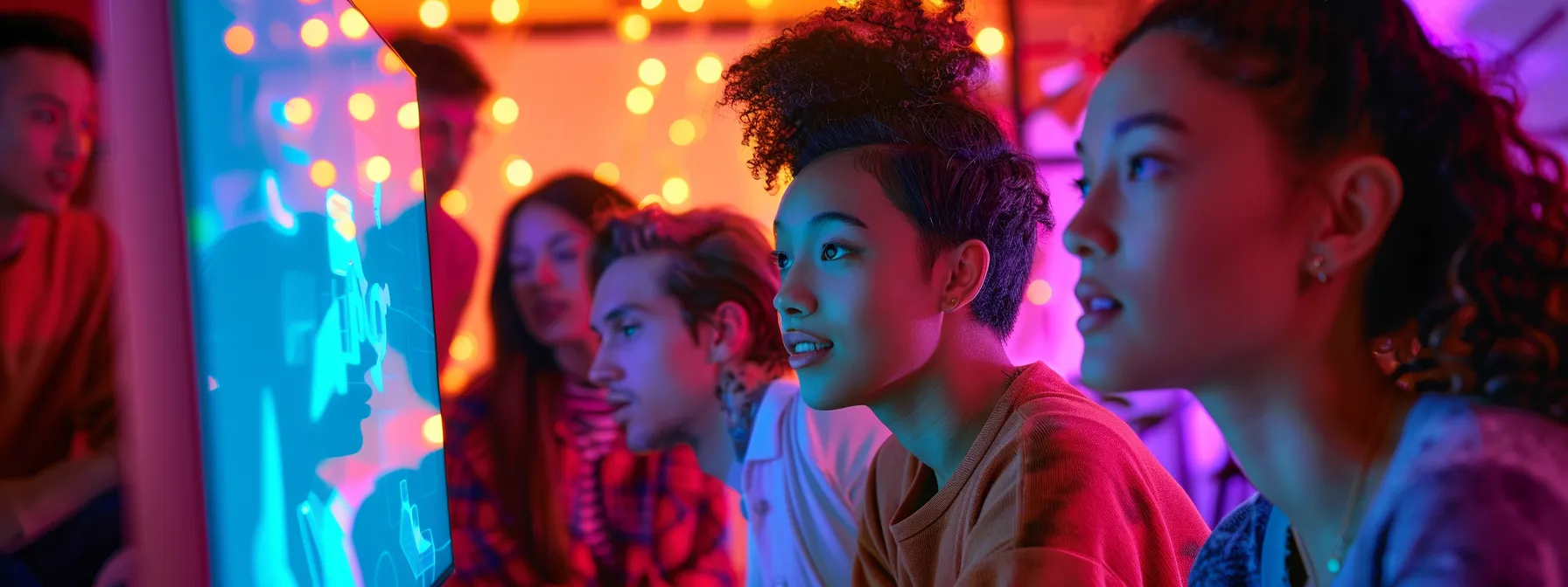 a vibrant and dynamic scene depicting a diverse group of young creators passionately brainstorming around a digital screen filled with trending tiktok hashtags and challenges, illuminated by soft, colourful lighting that embodies the energy of gen z digital marketing.
